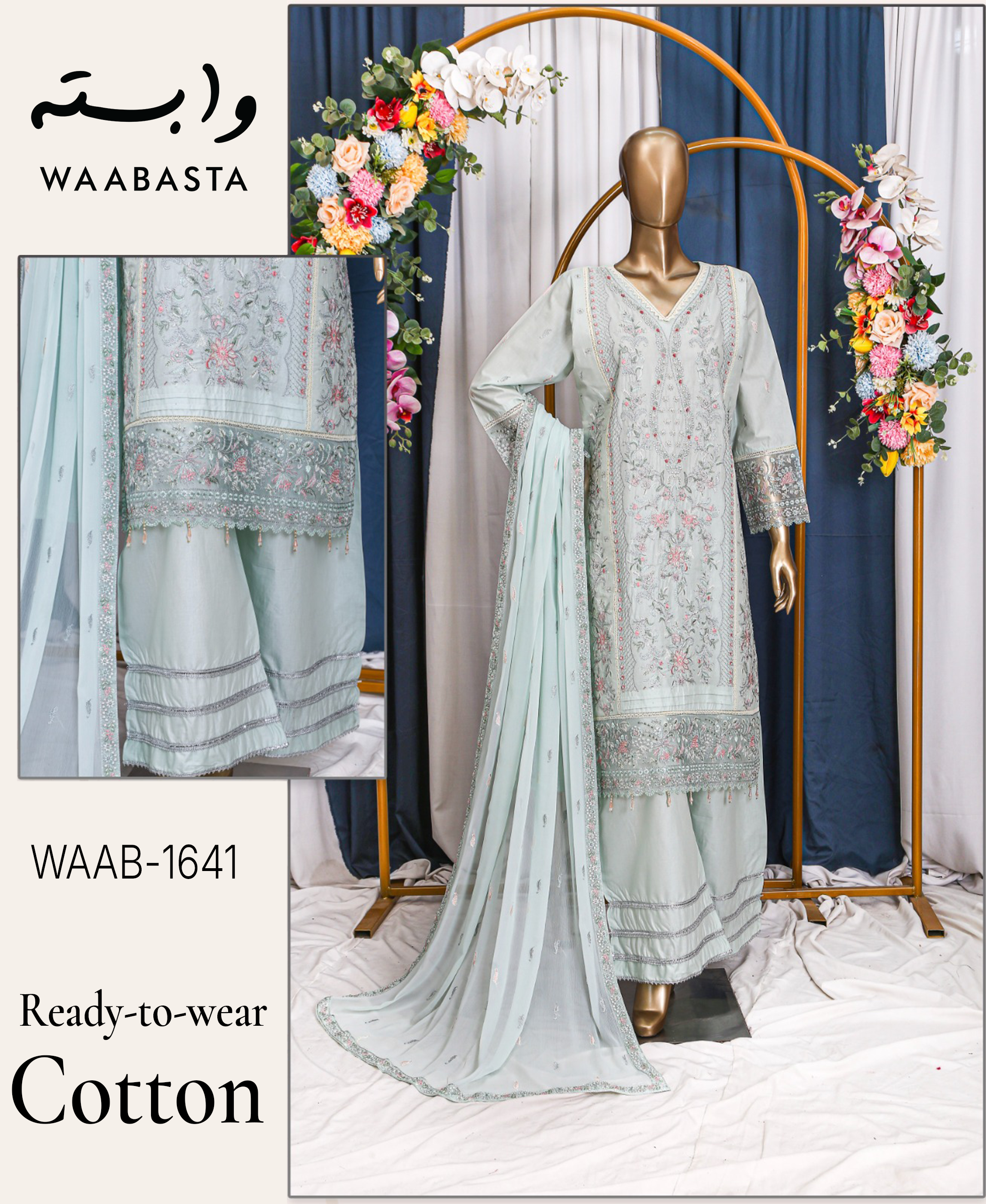 AMAL Embroidered Cotton 3-Piece by Waabasta — Ice Blue