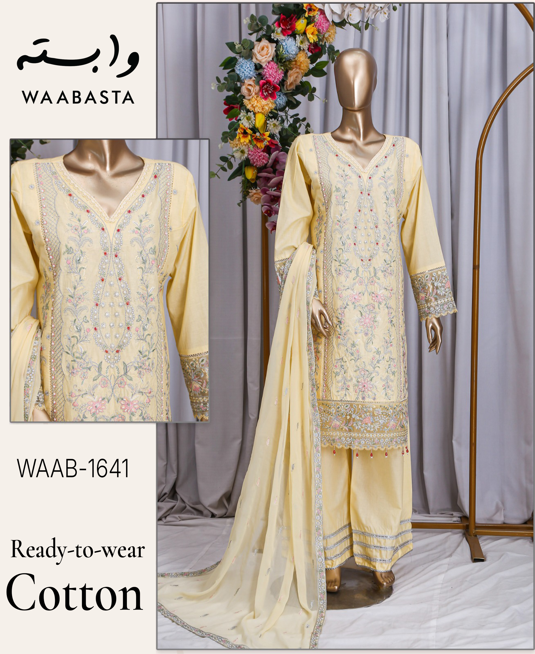 AMAL Embroidered Cotton 3-Piece by Waabasta — Soft Pastel Yellow 