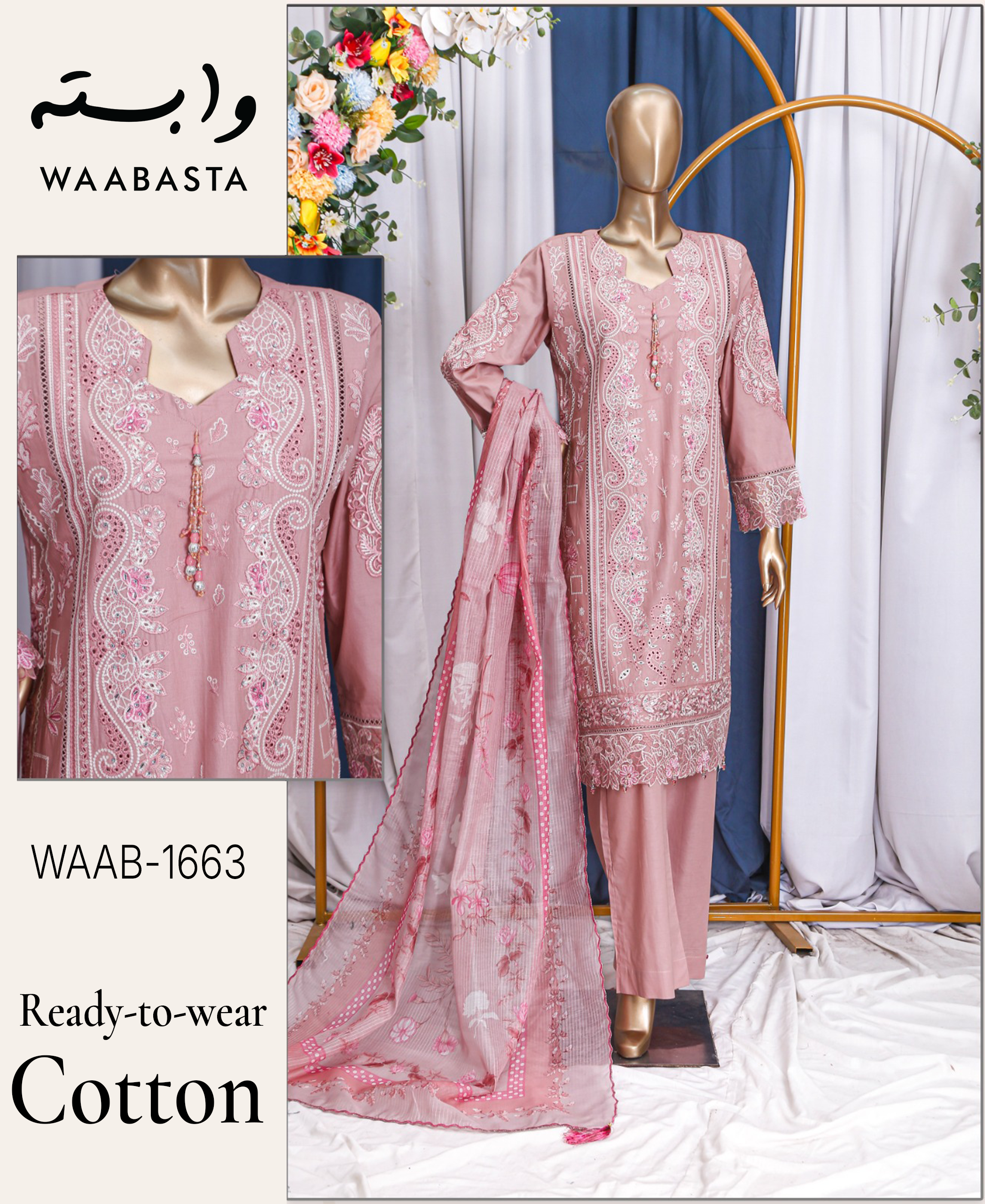 NAYAB Embroidered Cotton 3-Piece Suit by Waabasta — Dusty Pink
