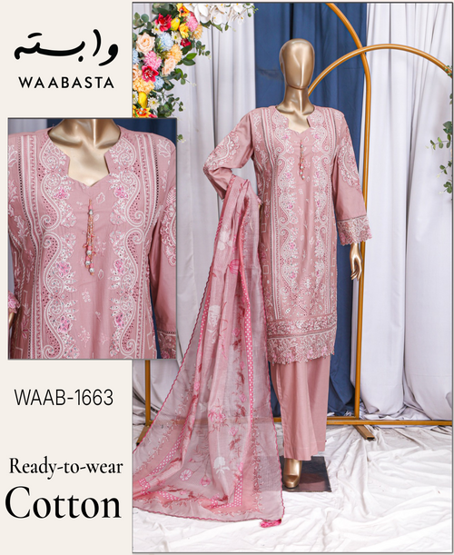 NAYAB Embroidered Cotton 3-Piece Suit by Waabasta — Dusty Pink