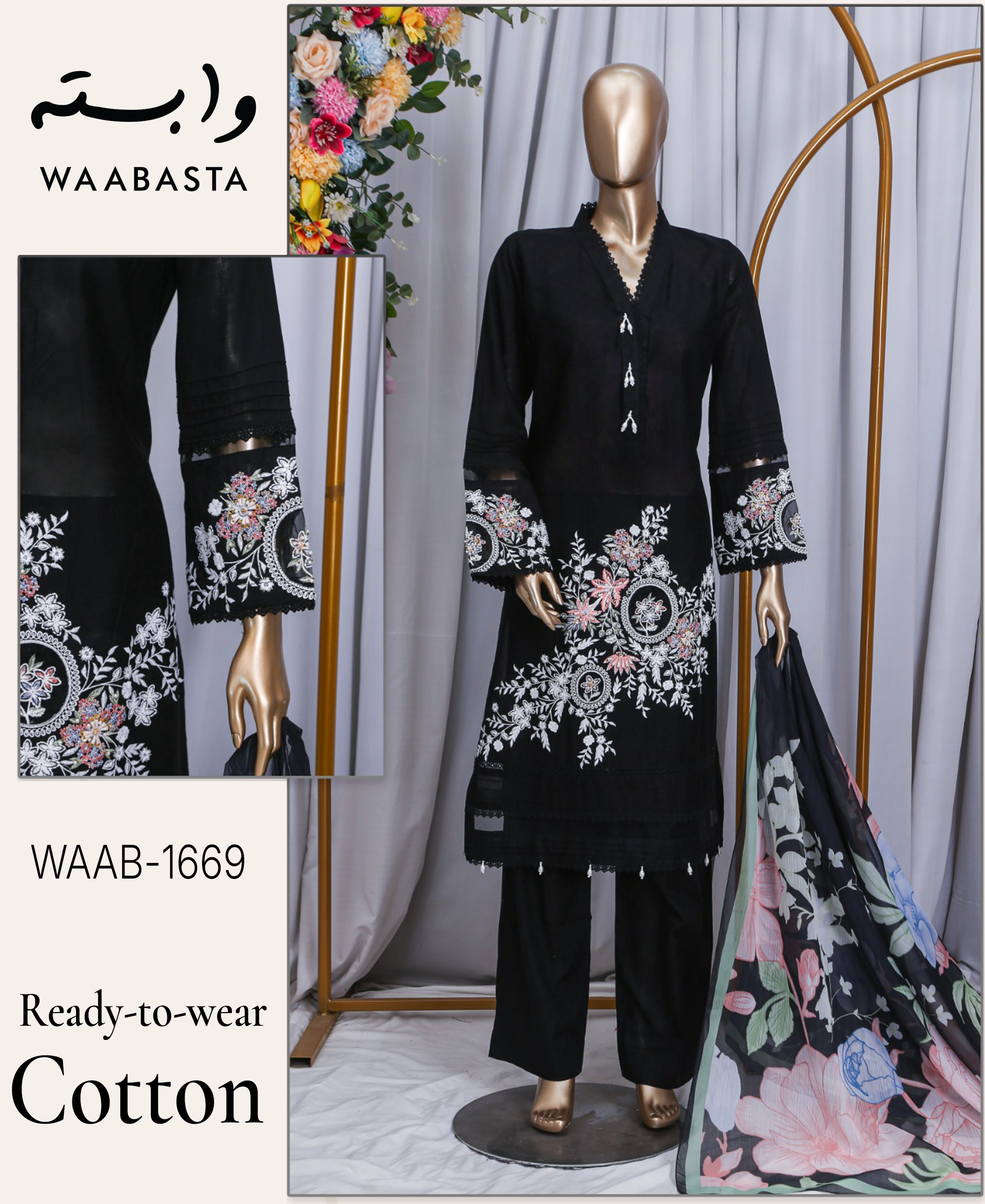 ROOHA Embroidered Cotton 3-Piece Suit by Waabasta — Black