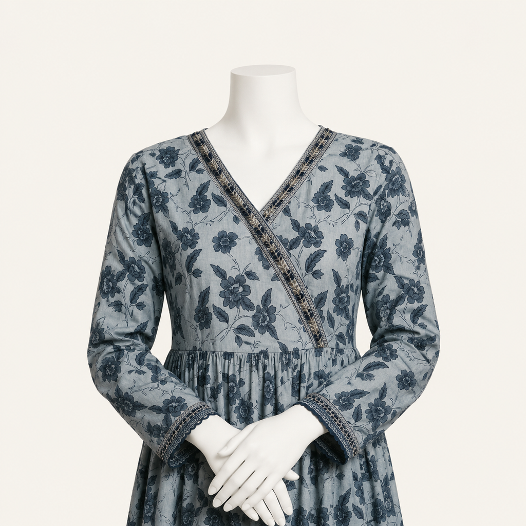 ZAYNUB Indigo Lawn Angrakha 3-Piece Dress by Waabasta — Neckline Detail