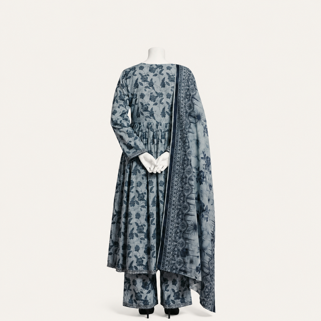 ZAYNUB Indigo Lawn Angrakha 3-Piece Dress by Waabasta — Back View